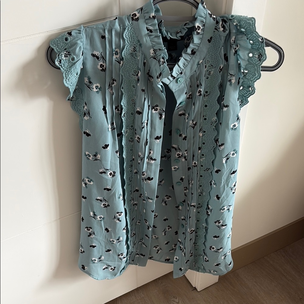 Floral Lace Trim Blouse - Blue